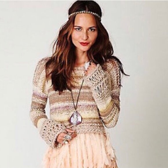 Free People Limbo Crop Cropped Boho Chunky Sweater - Small S Buttercream - Picture 4 of 8